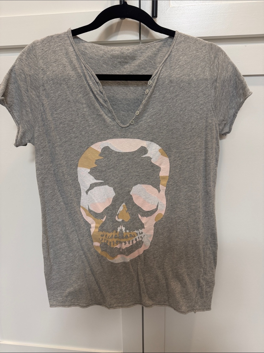 Zadig & Voltaire Gray Short-Sleeve V-Neck Skull Tee